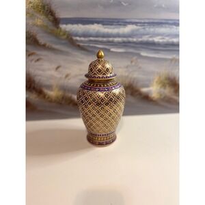 Thai Benjarong Porcelain Ginger Jar Hand Painted Gold Enamel Lidded Urn 9"